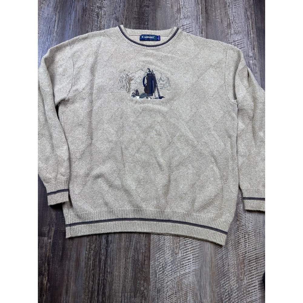 Vintage Mens Carmel Embroidered Golf Knit Sweater Size L Made in USA Grandpacore
